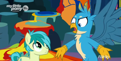 Size: 1916x974 | Tagged: safe, imported from derpibooru, screencap, gallus, sandbar, earth pony, griffon, pony, uprooted, angry, cropped