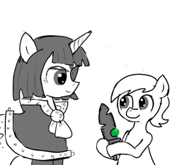 Size: 640x600 | Tagged: safe, artist:ficficponyfic, imported from derpibooru, oc, oc:larimar, oc:uictoria, earth pony, pony, unicorn, colt quest, adult, child, colt, cyoa, demon hunter, eyepatch, eyeshadow, female, foal, gem, horn, makeup, male, mantle, mare, monochrome, monster hunter, order of the arrow, plot twist, smiling, story included, sword, weapon