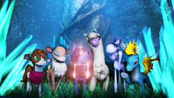 Size: 1920x1080 | Tagged: safe, artist:sourcerabbit, imported from derpibooru, arizona cow, fhtng th§ ¿nsp§kbl, oleander, paprika paca, pom lamb, tianhuo, velvet reindeer, alpaca, cow, dog, them's fightin' herds, 3d, arizona (tfh), book, community related, fightin' six, oleander (tfh), paprika (tfh), pom (tfh), puppy, source filmmaker, tianhuo (tfh), unicornomicon, velvet (tfh)