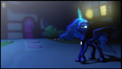 Size: 3200x1799 | Tagged: safe, artist:ghostlymarie, imported from derpibooru, princess luna, pony, 3d, ponyville, source filmmaker