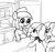 Size: 640x600 | Tagged: safe, artist:ficficponyfic, imported from derpibooru, oc, oc only, oc:aji sushi, oc:emerald jewel, oc:ruby rouge, pony, colt quest, bandana, bottle, bowl, cabinet, clothes, colt, counter, cyoa, female, filly, foal, friendly, hat, male, mare, monochrome, pot, restaurant, smiling, solo, spy, stool, story included
