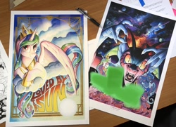 Size: 2048x1484 | Tagged: safe, artist:andypriceart, idw, imported from derpibooru, cosmos (character), princess celestia, princess luna, twilight sparkle, spoiler:comic, art print, cosmos, photo, space