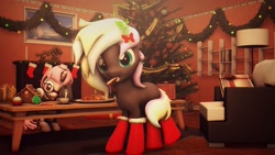 Size: 1920x1080 | Tagged: safe, artist:chocokumiko, imported from derpibooru, oc, oc only, oc:ice trio, oc:yui, pony, 3d, book, christmas, christmas lights, christmas ornament, christmas stocking, christmas tree, cookie, cupcake, decoration, fireplace, food, gingerbread house, holiday, lamp, mistletoe, present, shelf, source filmmaker, table, tree
