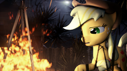 Size: 7680x4320 | Tagged: safe, artist:justjolly, imported from derpibooru, applejack, pony, 3d, after effects, applejack's hat, campfire, cowboy hat, female, hat, solo, source filmmaker, stetson