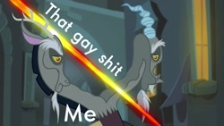 Size: 1280x720 | Tagged: safe, edit, edited screencap, imported from derpibooru, screencap, discord, twilight's kingdom, caption, explicit text, exploitable meme, image macro, male, meme, solo, text, that gay shit, unamused, vulgar