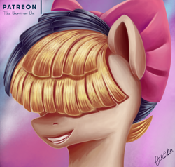 Size: 2000x1900 | Tagged: safe, artist:theunconsistentone, imported from derpibooru, songbird serenade, pegasus, pony, my little pony: the movie, bow, bust, covering eyes, female, mare, patreon, patreon logo, portrait, smiling, solo