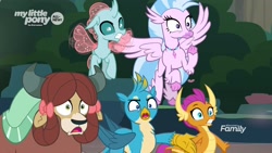 Size: 1920x1080 | Tagged: safe, imported from derpibooru, screencap, gallus, ocellus, silverstream, smolder, yona, changedling, changeling, classical hippogriff, dragon, griffon, hippogriff, yak, uprooted, reaction image