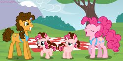 Size: 2000x1000 | Tagged: safe, artist:charmmycolour, imported from derpibooru, cheese sandwich, pinkie pie, oc, oc:bie nepolitan, oc:fiore neapolitan, earth pony, pony, apron, cheesepie, clothes, earth ponty, female, filly, male, offspring, parent:cheese sandwich, parent:pinkie pie, parents:cheesepie, shipping, siblings, straight, twins