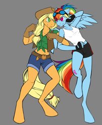 Size: 729x900 | Tagged: safe, artist:evion, imported from derpibooru, applejack, rainbow dash, anthro, pegasus, unguligrade anthro, alternate hairstyle, armpits, bandaid, clothes, cowboy vest, duo, female, fingerless gloves, fist, front knot midriff, gloves, goggles, gray background, looking at each other, midriff, narrowed eyes, no pupils, ponytail, rivalry, shirt, shorts, simple background, sleeveless, smiling, spread wings, vest, wings, wip