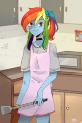 Size: 1000x1500 | Tagged: safe, artist:phattaraphorn_1, artist:tar, imported from derpibooru, rainbow dash, equestria girls, apron, choker, clothes, cook, cute, dashabetes, female, kitchen, looking at you, microwave, ponytail, shirt, shorts, smiling, solo, spatula