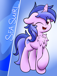 Size: 2223x2943 | Tagged: dead source, safe, artist:kimjoman, artist:php142, imported from derpibooru, sea swirl, seafoam, pony, unicorn, background pony, chest fluff, commission, female, mare, one eye closed, wink