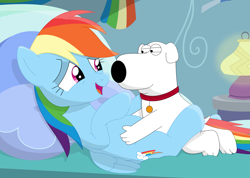 Size: 3541x2515 | Tagged: safe, artist:porygon2z, imported from derpibooru, rainbow dash, dog, pegasus, pony, bed, brian griffin, crack shipping, crossover, crossover shipping, cursed image, family guy, female, male, mare, on back, palindrome get, shipping, wat, why