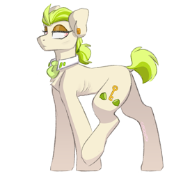 Size: 2627x2627 | Tagged: safe, artist:spoopygander, imported from derpibooru, oc, oc only, oc:golden keylime, earth pony, pony, anorexia, bedroom eyes, chest fluff, collar, ear piercing, earring, eyeshadow, female, jewelry, makeup, mare, multicolored hair, necktie, piercing, raised leg, raised tail, skinny, solo, tail