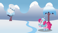 Size: 1920x1080 | Tagged: safe, artist:redfire-pony, imported from derpibooru, pinkie pie, pony, female, snow, solo, tree, winter, winter outfit