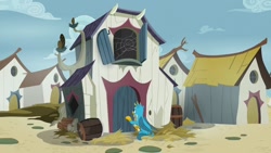 Size: 1280x720 | Tagged: safe, imported from derpibooru, screencap, gallus, griffon, uprooted, barrel, discovery family logo, firewood, grampa gruff's house, griffonstone, hay, house, knocking, knocking on door, male, solo, spider web, wings