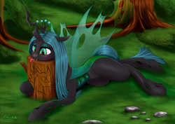 Size: 6000x4250 | Tagged: safe, artist:darksly, imported from derpibooru, queen chrysalis, changeling, changeling queen, the beginning of the end, blushing, changelings in the comments, crown, fangs, female, jewelry, loser, regalia, solo, tongue out, tree, tree stump