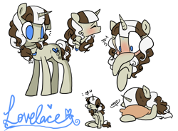 Size: 700x516 | Tagged: safe, artist:laceymod, imported from derpibooru, oc, oc only, oc:lovelace, pony, unicorn, ask lovelace, blushing, chibi, female, mare, pillow, solo