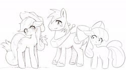 Size: 2048x1144 | Tagged: safe, artist:91o42, imported from derpibooru, apple bloom, applejack, big macintosh, earth pony, pony, apple siblings, chest fluff, female, filly, floppy ears, lineart, male, mare, monochrome, simple background, smiling, stallion, white background