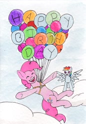 Size: 1316x1904 | Tagged: safe, artist:tunrae, imported from derpibooru, pinkie pie, rainbow dash, pony, balloon, birthday, card, floating, harness, ink drawing, surprised, tack, then watch her balloons lift her up to the sky, traditional art