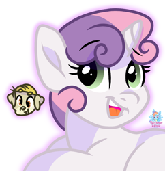 Size: 846x874 | Tagged: safe, artist:rainbow eevee, imported from derpibooru, sweetie belle, oc, oc:landen irelan, pony, unicorn, cute, female, looking down, looking up, open mouth, simple background, smiling, solo, white background