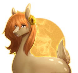 Size: 1152x1088 | Tagged: safe, artist:lastaimin, imported from derpibooru, oc, oc only, oc:sira, earth pony, pony, deer tail, female, flower, flower in hair, mare, solo, sunflower