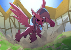 Size: 2000x1414 | Tagged: safe, artist:satv12, imported from derpibooru, silverstream, classical hippogriff, hippogriff, uprooted, female, ponyville, quadrupedal, scene interpretation, solo, superhero landing