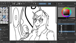 Size: 1366x768 | Tagged: safe, artist:0-van-0, imported from derpibooru, dj pon-3, vinyl scratch, anthro, unicorn, black and white, clothes, female, glasses, grayscale, jacket, krita, microphone, monochrome, sketch, software, solo, vinyl disc, window, wip