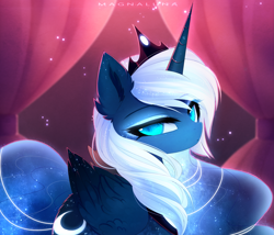 Size: 3333x2859 | Tagged: safe, artist:magnaluna, imported from derpibooru, princess luna, alicorn, pony, alternate design, bust, butt fluff, colored pupils, colored wings, crown, curtains, cute, ear fluff, ethereal mane, eye clipping through hair, eyebrows, eyebrows visible through hair, female, folded wings, gradient wings, jewelry, lidded eyes, lunabetes, mare, regalia, solo, starry mane, starry wings, wings