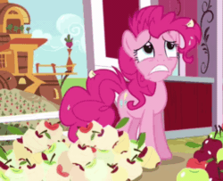 Size: 470x382 | Tagged: safe, imported from derpibooru, screencap, pinkie pie, earth pony, pony, the mane attraction, animated, apple, cropped, faint, female, food, mare, messy mane, peeled apple, solo