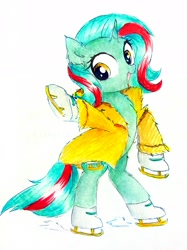 Size: 1683x2246 | Tagged: safe, artist:liaaqila, imported from derpibooru, oc, oc only, oc:figure eight, pony, unicorn, bipedal, clothes, commission, ice skates, open mouth, simple background, solo, traditional art, white background