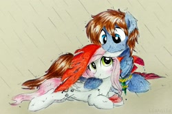 Size: 2938x1959 | Tagged: safe, artist:liaaqila, imported from derpibooru, oc, oc only, oc:bizarre song, oc:sugar morning, pony, commission, lying down, sugarre, traditional art