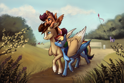 Size: 2068x1400 | Tagged: safe, artist:28gooddays, imported from derpibooru, rainbow dash, scootaloo, starlight glimmer, oc, oc:skittle, pegasus, pony, canon x oc, female, filly, male, mare, park, ponies riding ponies, riding, scootaloo riding skittle, scootalove, shipping, skidash, stallion, straight, walking
