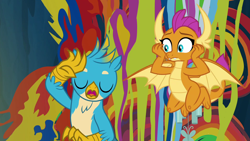 Size: 1920x1080 | Tagged: safe, imported from derpibooru, screencap, gallus, smolder, dragon, griffon, uprooted, dragoness, duo, eyes closed, female, flying, hands on cheeks, male, paint