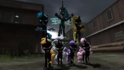 Size: 1366x768 | Tagged: safe, artist:rose-supreme, imported from derpibooru, applejack, fluttershy, pinkie pie, queen chrysalis, rainbow dash, rarity, twilight sparkle, changeling, changeling queen, 3d, appleling, changelingified, dashling, equestria is doomed, female, flutterling, gmod, mane six, rariling, species swap, twiling