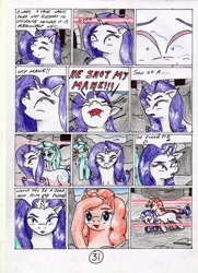 Size: 2508x3461 | Tagged: safe, artist:40kponyguy, derpibooru exclusive, imported from derpibooru, lyra heartstrings, pinkie pie, rarity, earth pony, pony, unicorn, 40kponyguy's the staff of aurelian, angry, behaving like a weapon, comic, crossover, female, laser, mare, ruins, salute, spaceballs the tag, twigun, warhammer (game), warhammer 40k