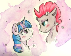 Size: 2109x1670 | Tagged: safe, artist:lightisanasshole, imported from derpibooru, fizzlepop berrytwist, tempest shadow, twilight sparkle, alicorn, pony, abstract background, bedroom eyes, blue eyes, blushing, blushing profusely, duo, duo female, female, flat colors, flower, flower in hair, lesbian, love, painting, pink background, purple background, romantic, shipping, shoujo, simple background, sparkles, tempestlight, traditional art, twilight sparkle (alicorn), watercolor painting, wip