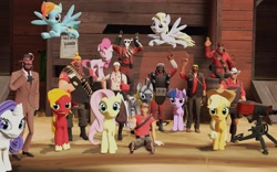Size: 1440x900 | Tagged: safe, imported from derpibooru, applejack, big macintosh, derpy hooves, fluttershy, pinkie pie, rainbow dash, rarity, twilight sparkle, zecora, pony, zebra, 3d, crossover, demoman, engineer, gmod, heavy weapons guy, mane six, medic, pyro, scout, sniper, soldier, spy, team fortress 2