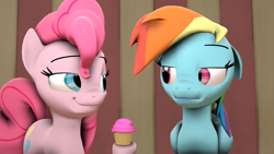 Size: 1920x1080 | Tagged: safe, artist:fd-daylight, imported from derpibooru, pinkie pie, rainbow dash, earth pony, pegasus, pony, 3d, cupcake, female, food, lesbian, pinkiedash, shipping, source filmmaker, unamused