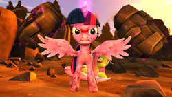 Size: 1920x1080 | Tagged: safe, artist:marnyfilozof, imported from derpibooru, fluttershy, twilight sparkle, alicorn, pony, 3d, gimp, magic, protecting, source filmmaker, spread wings, telekinesis, twilight sparkle (alicorn), wings