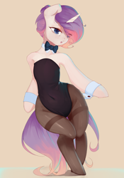 Size: 2096x3000 | Tagged: safe, artist:qweeli, imported from derpibooru, oc, oc only, anthro, semi-anthro, unicorn, arm hooves, bowtie, bunny suit, clothes, cuffs (clothes), disproportional anatomy, leotard, pantyhose, solo, wide hips