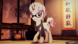 Size: 1920x1080 | Tagged: safe, artist:chocokumiko, imported from derpibooru, oc, oc only, oc:yui, oc:yui-chan, pony, unicorn, 3d, 3d model, clothes, glasses, scarf, solo, source filmmaker