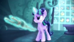 Size: 1920x1080 | Tagged: safe, artist:equmoria, artist:sparkiss-pony, imported from derpibooru, starlight glimmer, pony, the cutie map, 3d, cutie mark vault, equal cutie mark, levitation, magic, mmd, s5 starlight, staff, staff of sameness, telekinesis, the great dictator