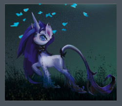 Size: 3076x2698 | Tagged: safe, artist:lara, imported from derpibooru, rarity, classical unicorn, firefly (insect), pony, unicorn, :3, bow, cloven hooves, female, leonine tail, mare, missing cutie mark, night, solo, traditional unicorn tail, unshorn fetlocks