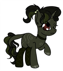 Size: 840x951 | Tagged: safe, artist:mlp-awesomebases, imported from derpibooru, oc, oc only, oc:tribal beats, hybrid, pony, zebra, zebracorn, choker, clothes, female, mare, one eye closed, ponytail, raised hoof, simple background, socks, solo, stockings, thigh highs, white background, wink