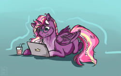 Size: 1600x1000 | Tagged: safe, artist:ali-selle, imported from derpibooru, oc, oc only, oc:lightning starlight, alicorn, pony, alicorn oc, blue background, computer, simple background