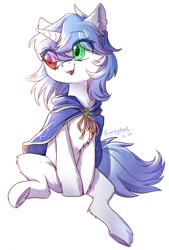 Size: 864x1280 | Tagged: safe, artist:swaybat, imported from derpibooru, oc, oc only, pony, unicorn, cape, clothes, female, heterochromia, mare, smiling, solo