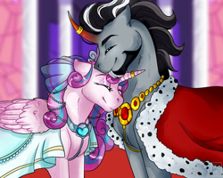 Size: 1280x1024 | Tagged: safe, artist:ali-selle, imported from derpibooru, princess flurry heart, oc, oc:stainless, pony, canon x oc, cape, clothes, commission, dress, facial hair, wedding dress