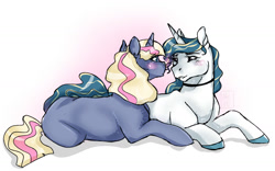 Size: 1600x1000 | Tagged: safe, artist:ali-selle, imported from derpibooru, oc, oc only, oc:diamond, oc:heart pin, pony, unicorn, colored hooves, next generation, prone, simple background, white background