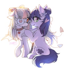 Size: 1280x1228 | Tagged: safe, artist:swaybat, imported from derpibooru, oc, oc only, earth pony, pony, collar, duo, duo female, eyepatch, female, heart, horns, looking at you, simple background, white background