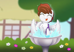 Size: 800x570 | Tagged: safe, artist:jhayarr23, imported from derpibooru, oc, oc only, oc:graph travel, pegasus, pony, :p, behaving like a bird, bird bath, bush, cheek fluff, chest fluff, clothes, cute, eyes closed, female, flower, freckles, graph believe being bird, hoof fluff, house, mare, ocbetes, silly, solo, splash, tongue out, tree, vest, water, wing fluff
